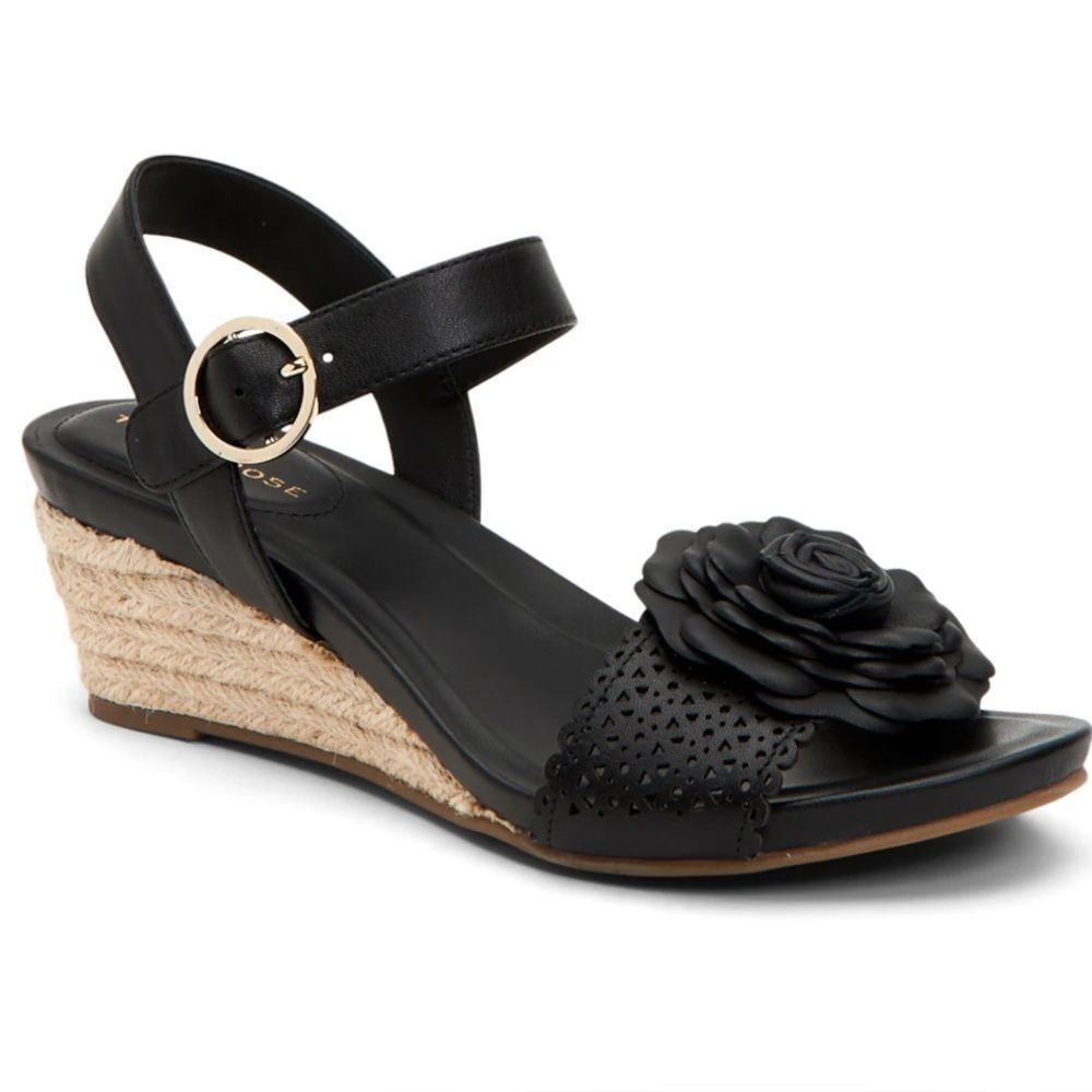 Taryn Rose Women’s Henriette Black Leather Floral Detail Wedge Sandals Worn? 5 B
